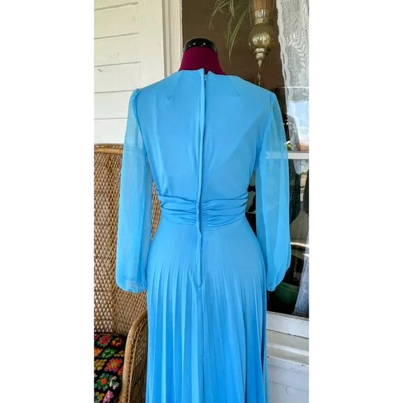 Vintage 1970s Blue Dressy Maxi Dress Pleated Skirt Rhinestone Pearls Size M - Picture 11 of 16